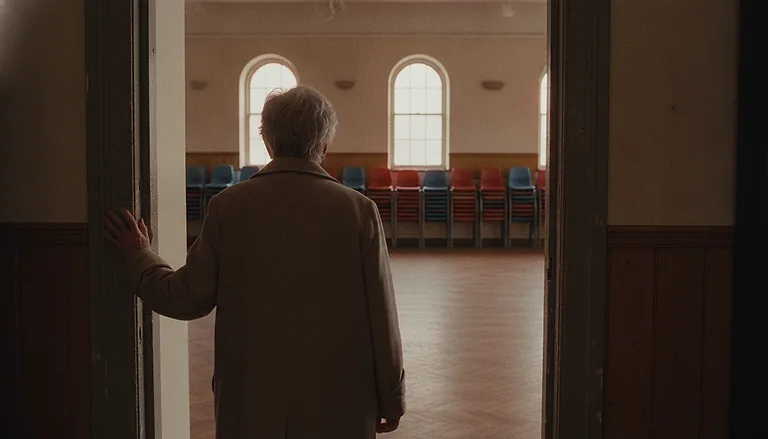 An older person seen from behind at a community hall doorway, a room with stacked chairs beyond.