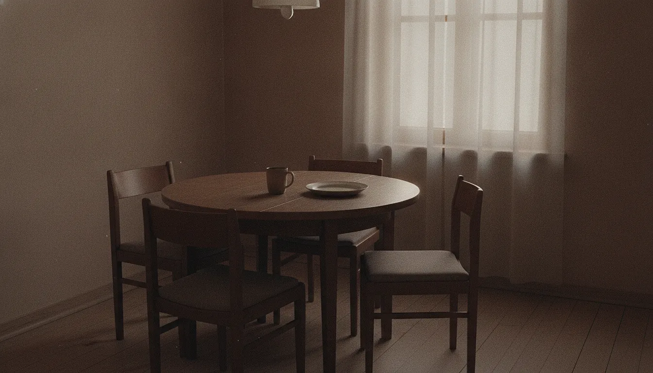 A round kitchen table with one mug and one plate on it, four chairs around it pulled back, in soft light from a curtained window.