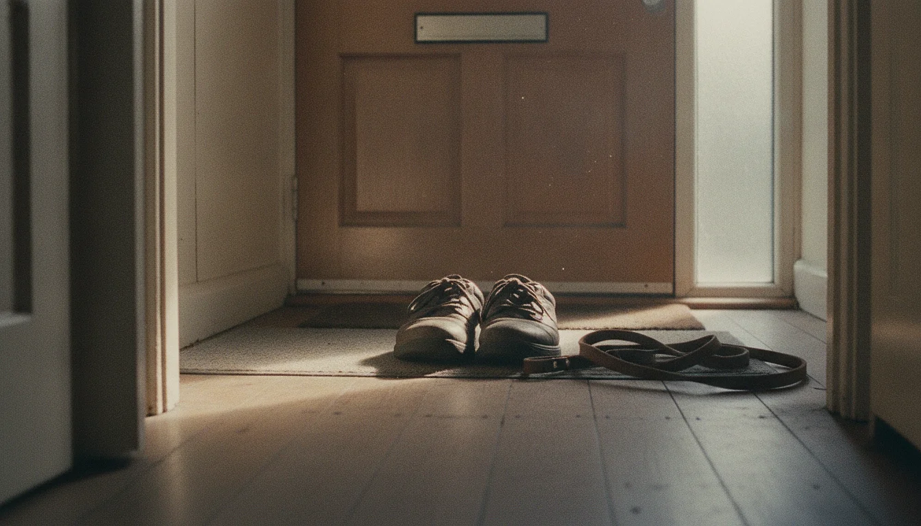 A pair of worn walking shoes on the doormat inside a front door with a dog lead coiled beside them in early morning light.