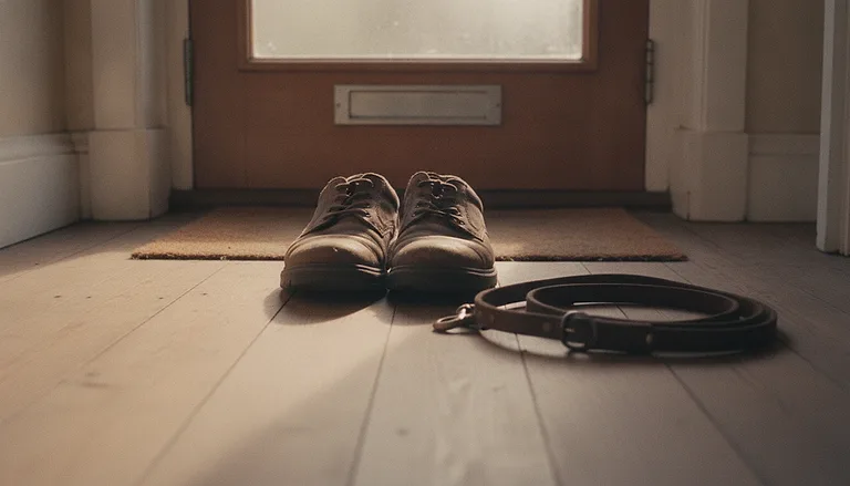 A pair of worn walking shoes on the doormat inside a front door with a dog lead coiled beside them in early morning light.
