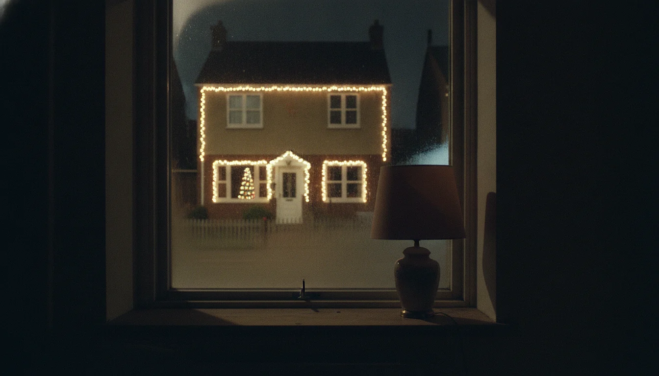 A dim undecorated room at night looking out through a window at a neighbouring house strung with Christmas lights.