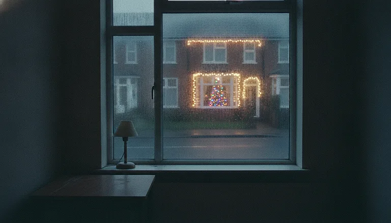A dim undecorated room at night looking out through a window at a neighbouring house strung with Christmas lights.