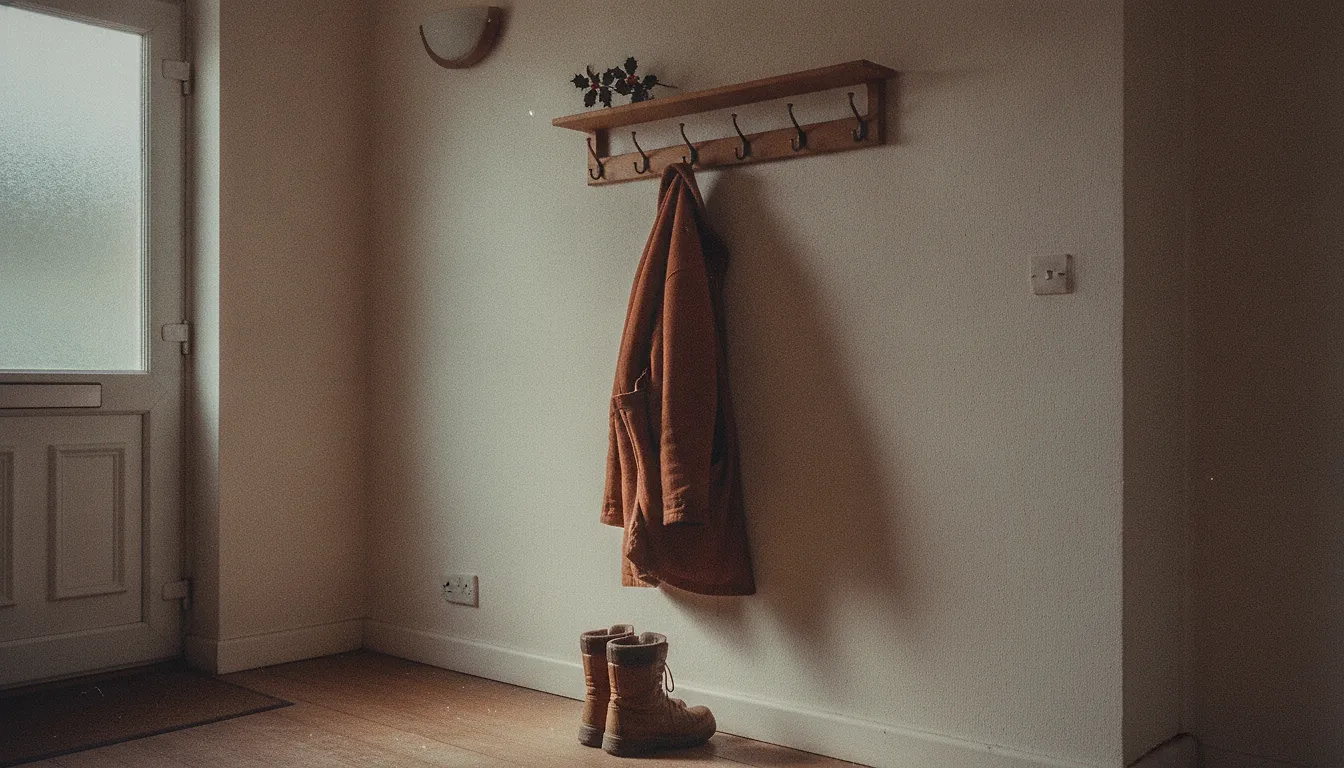 A hallway coat rack in December holding one coat, a pair of boots below it and a sprig of holly on the shelf above.