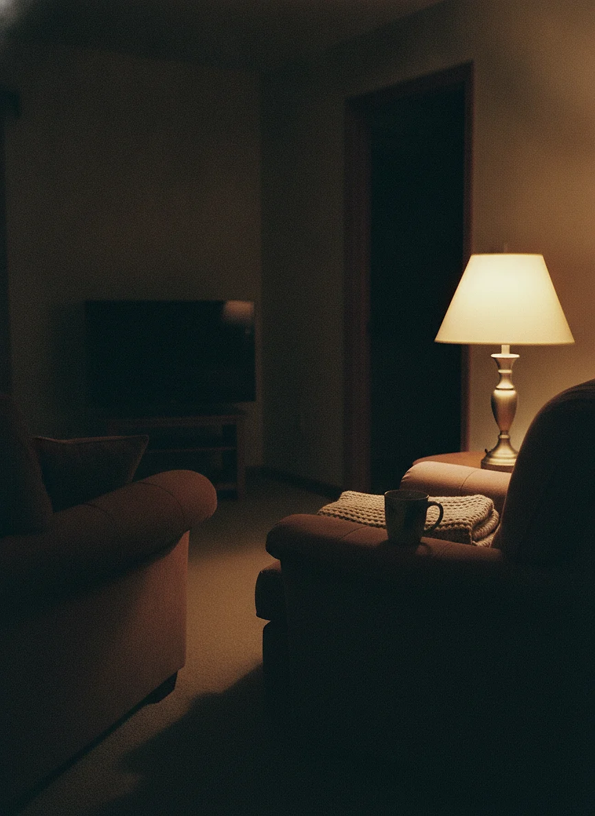 A living room in late evening: one lamp lit, an armchair with a cooled mug on its arm, the rest of the room in shadow.
