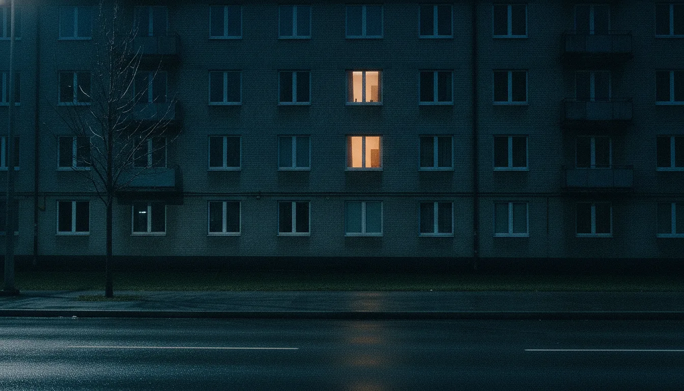 A block of flats at night with two windows lit in an otherwise dark facade, seen from the empty road opposite.