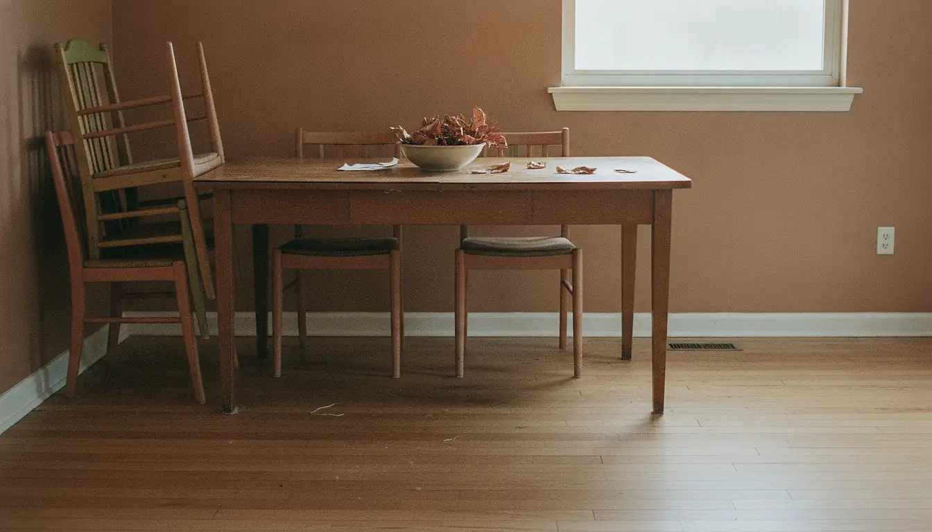 A dining table in a plain room with a bowl of dried flowers on it, half its chairs stacked against the wall behind, in flat daylight from a side window.