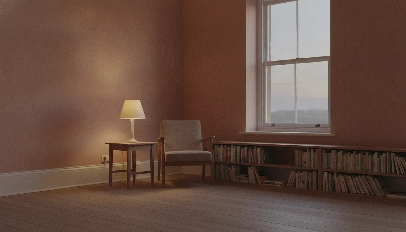 A wide living room at dusk seen from the far corner, one lamp lit near the window and the rest of the room in even shadow.