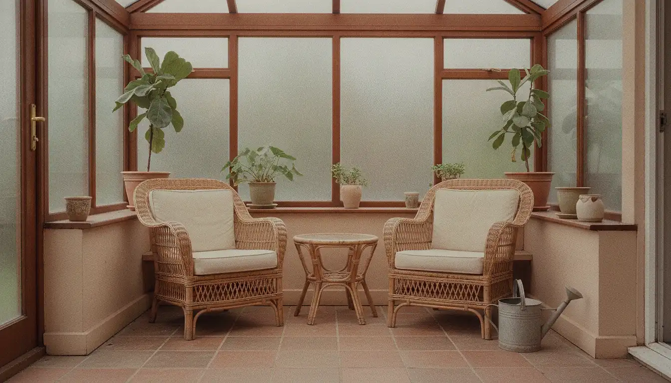 A conservatory with two wicker chairs, a low table and a watering can, in flat afternoon light through glass.