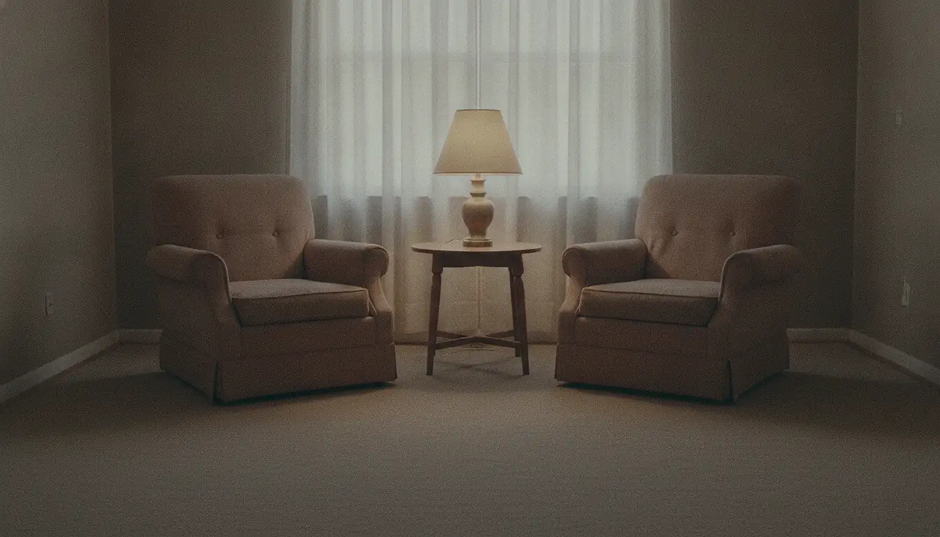 Two matching armchairs in a dim living room, set apart on either side of a small table with a single lamp on it, in front of a curtained window.
