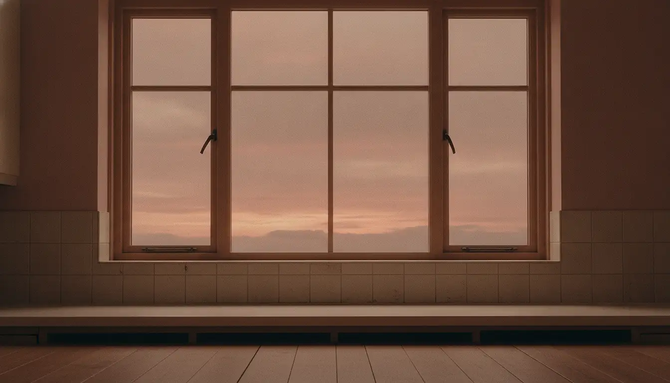 A kitchen window at dusk with the sky beyond it halfway between daylight and dark, the worktop below wiped and empty.