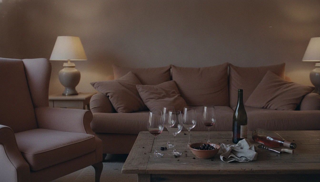 A living room after guests have gone: used wine glasses lined along the low table, dented cushions, every lamp still on and nobody in the room.