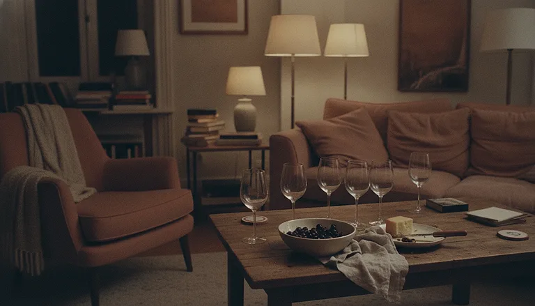 A living room after guests have gone: used wine glasses lined along the low table, dented cushions, every lamp still on and nobody in the room.