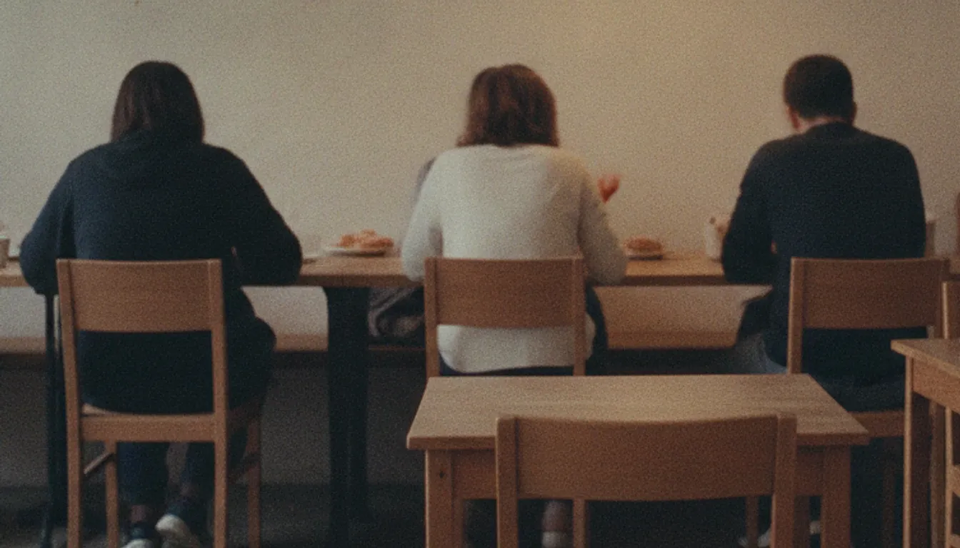 A busy cafe interior seen from an empty corner table, the other diners at the long table beyond seen from behind, one chair standing empty in the foreground.