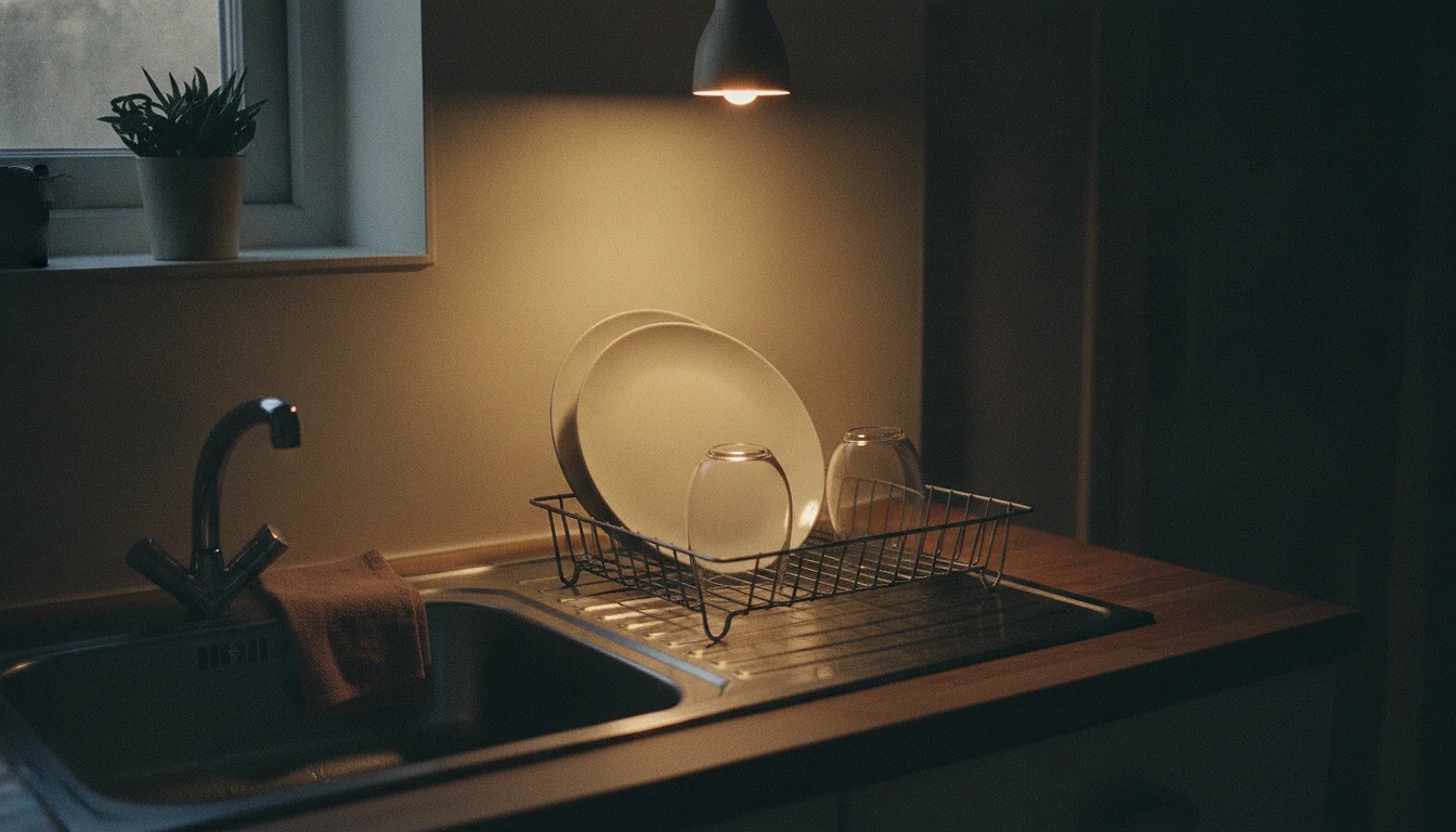 A plate and a glass draining in a wire rack beside an empty wiped kitchen sink under a single warm bulb late in the evening.
