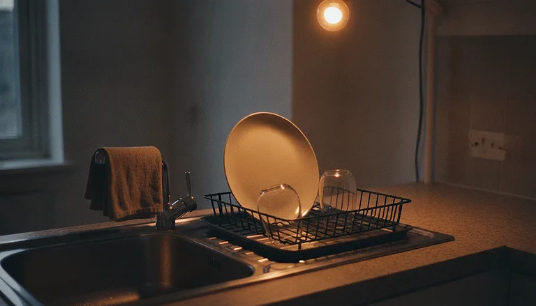 A plate and a glass draining in a wire rack beside an empty wiped kitchen sink under a single warm bulb late in the evening.