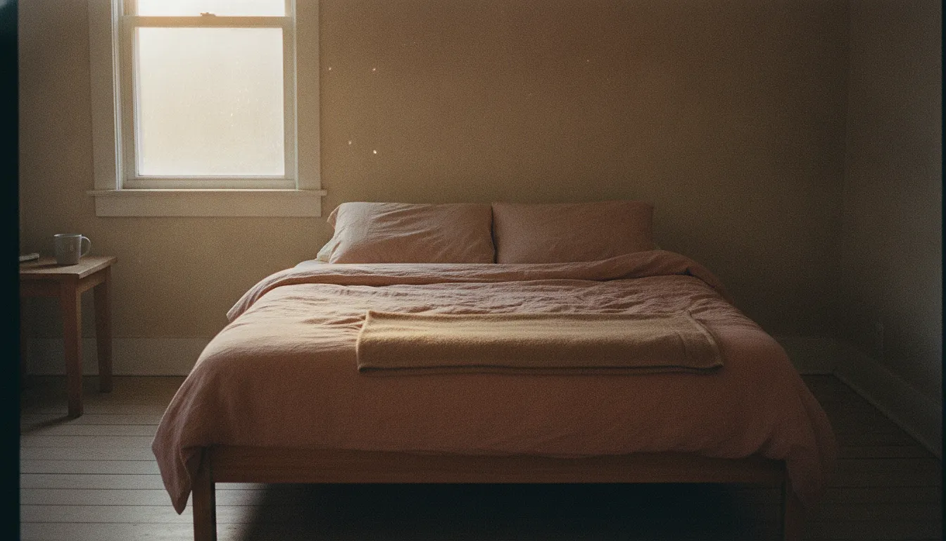 A double bed made up in morning light with a folded throw across it and a small side table under the window.