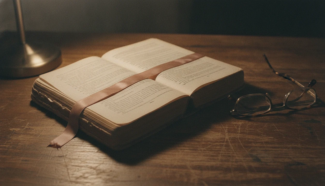 An open book on a wooden table under a low lamp at night, its pages soft and unreadable, a ribbon marker lying across them.