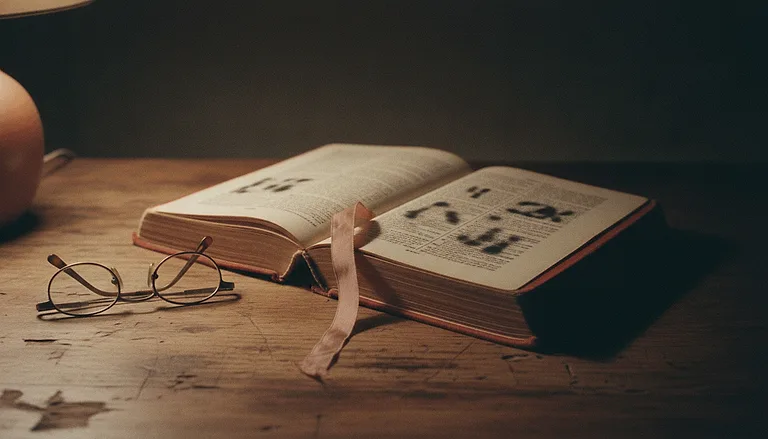 An open book on a wooden table under a low lamp at night, its pages soft and unreadable, a ribbon marker lying across them.