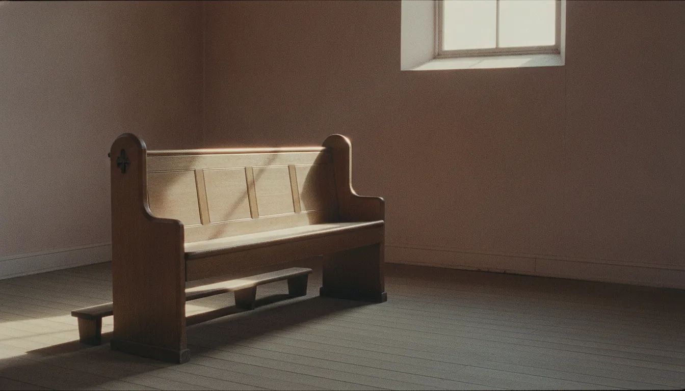 An empty wooden pew in a plain chapel with light from a high window falling across the seat.