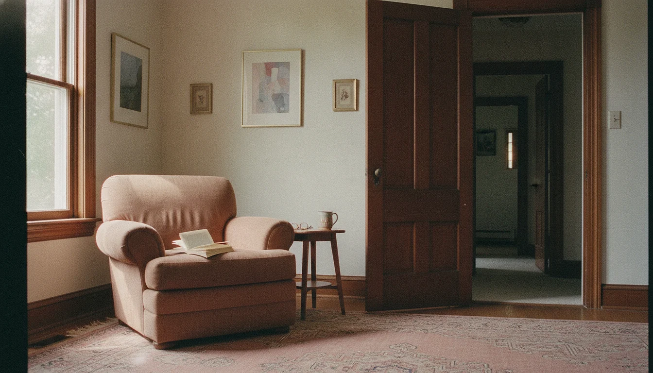 An armchair by a window in a quiet flat, with the door to the hallway standing wide open.