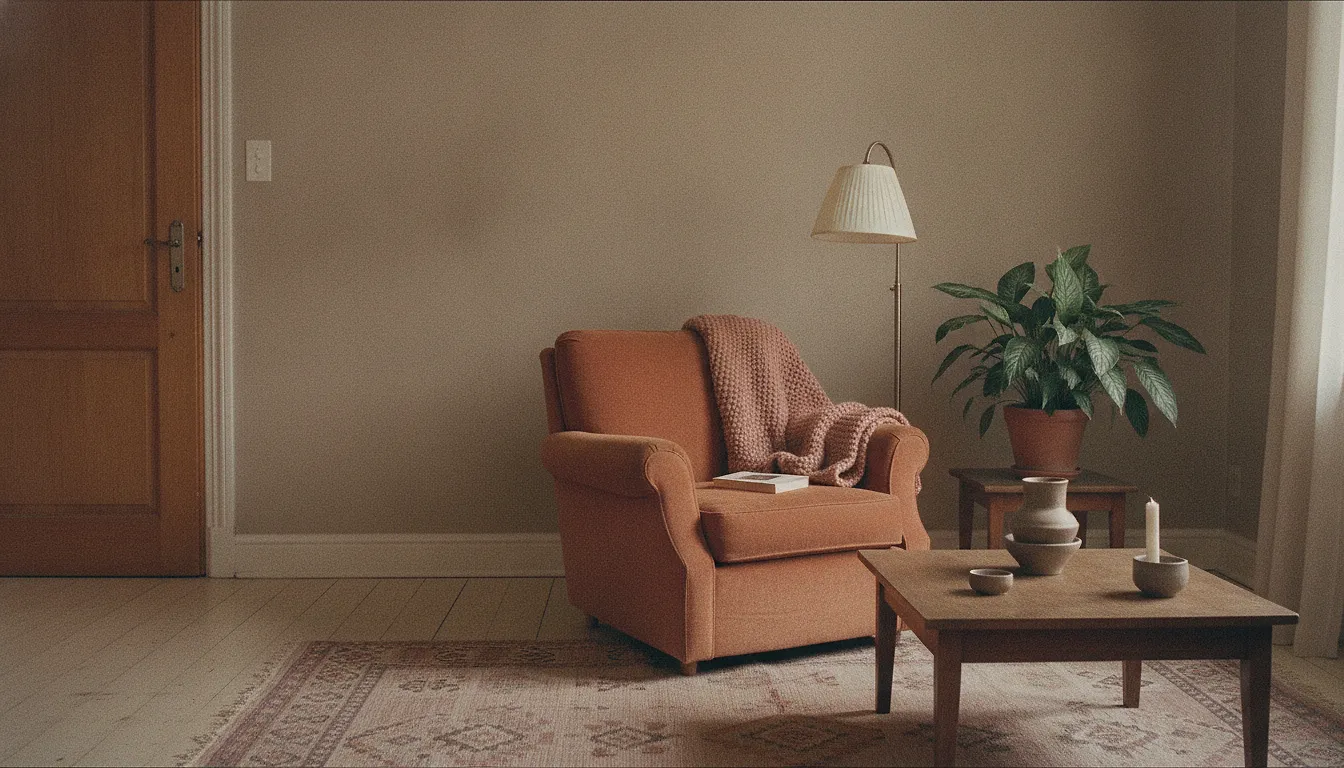A worn armchair under a standard lamp with a blanket over its arm, beside a closed door in a quiet room.