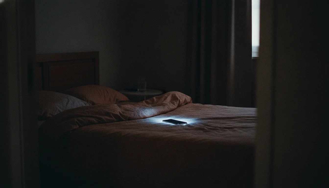 A dark bedroom lit only by a phone screen face-down on the duvet, the room otherwise unlit.