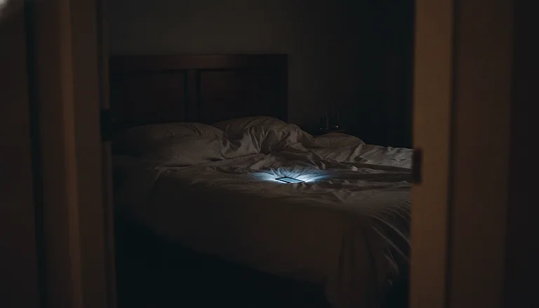 A dark bedroom seen through a doorway, lit only by a phone screen glowing on the duvet.