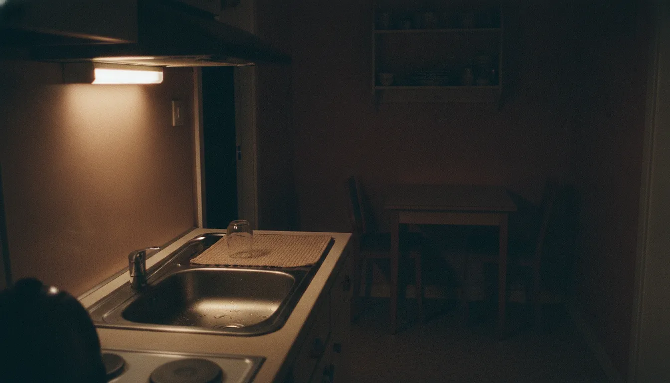 A kitchen sink under the single light above the cooker hood, the rest of the flat behind it unlit.