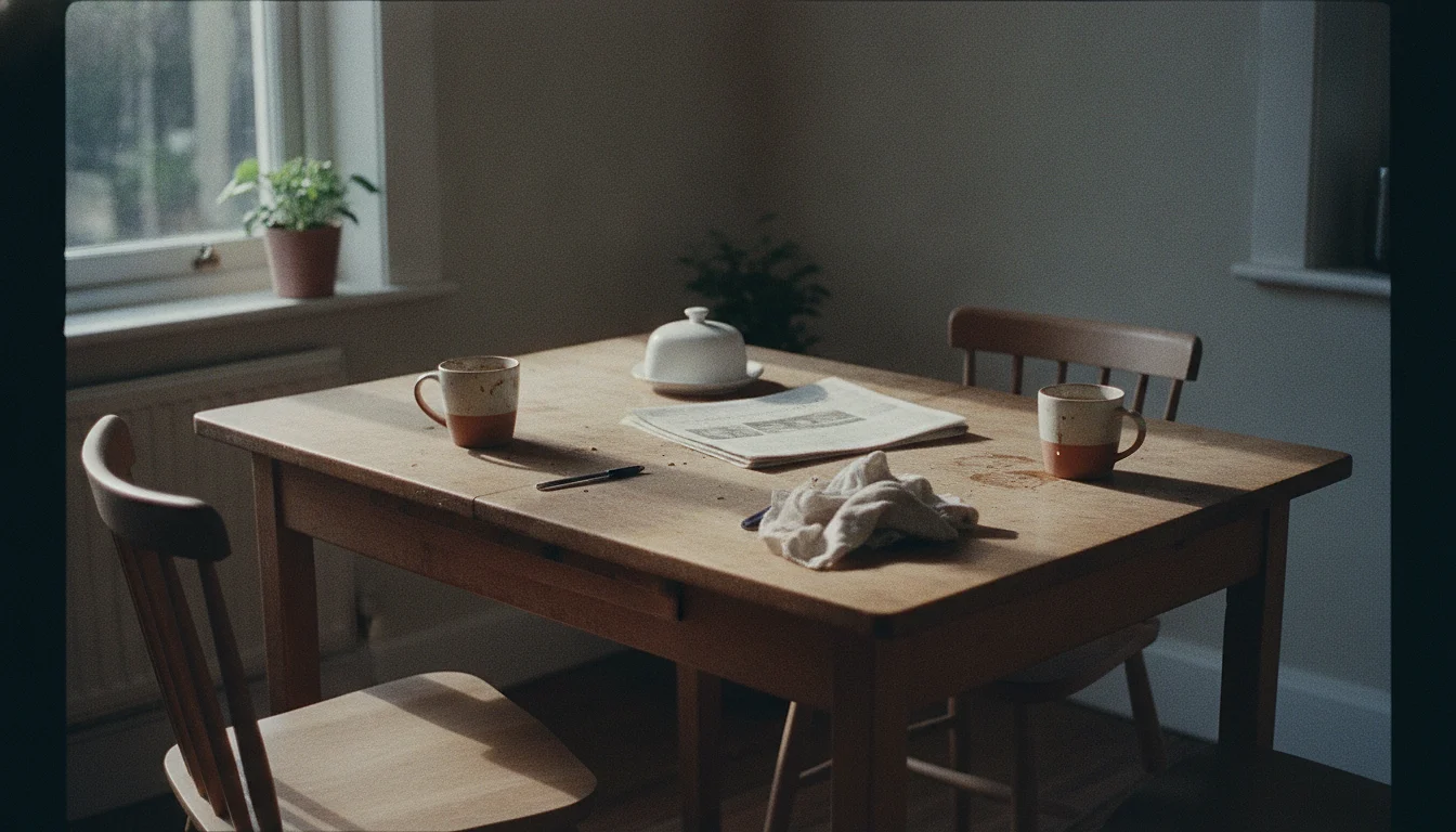 A kitchen table at breakfast with two used cups at opposite ends, the chairs pushed out and the room empty.