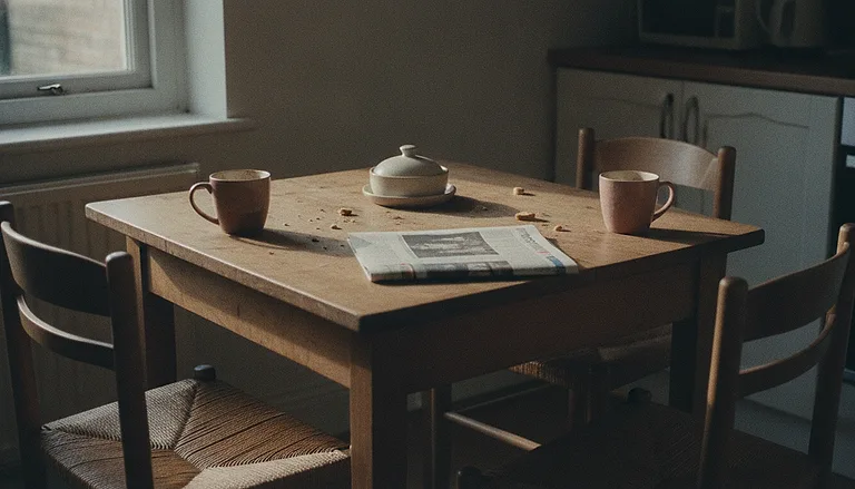 A kitchen table with a used cup at each end, a folded newspaper between them and every chair pushed back.