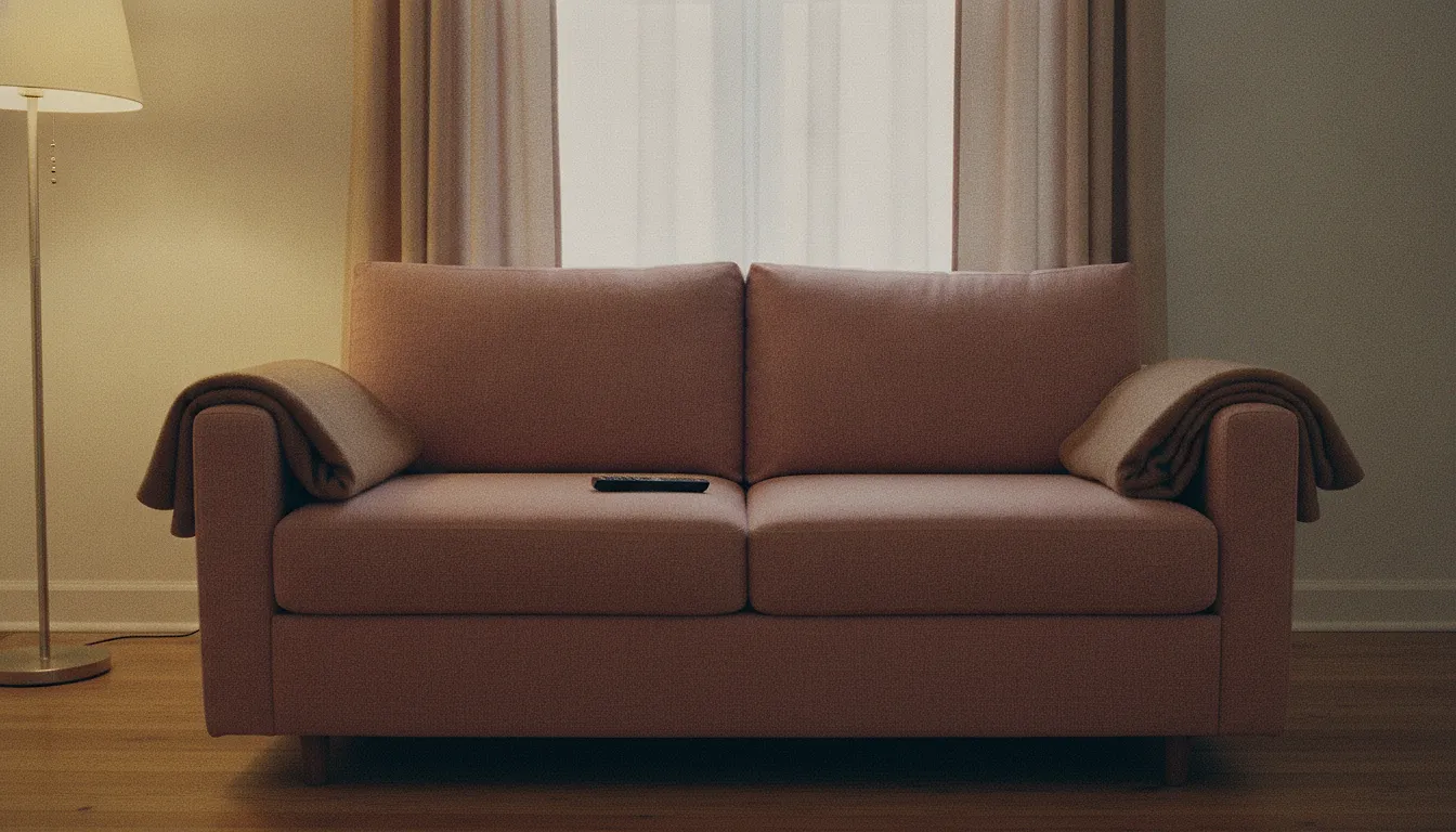 A two-seater sofa in a lamplit living room with a blanket over each arm and a television remote left on the seat between them.