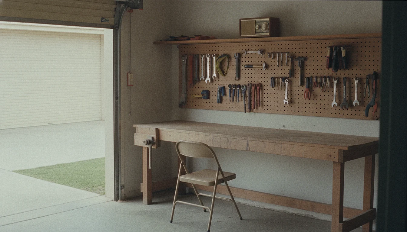 A tidy garage workbench with every tool hung in place and a single folding chair beside it, mid-morning light through an open door.