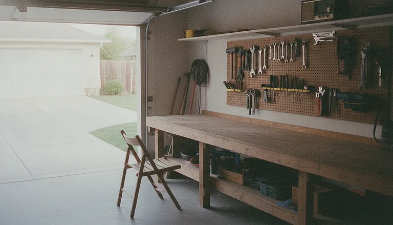 A tidy garage workbench with every tool hung in place and a single folding chair beside it, mid-morning light through an open door.