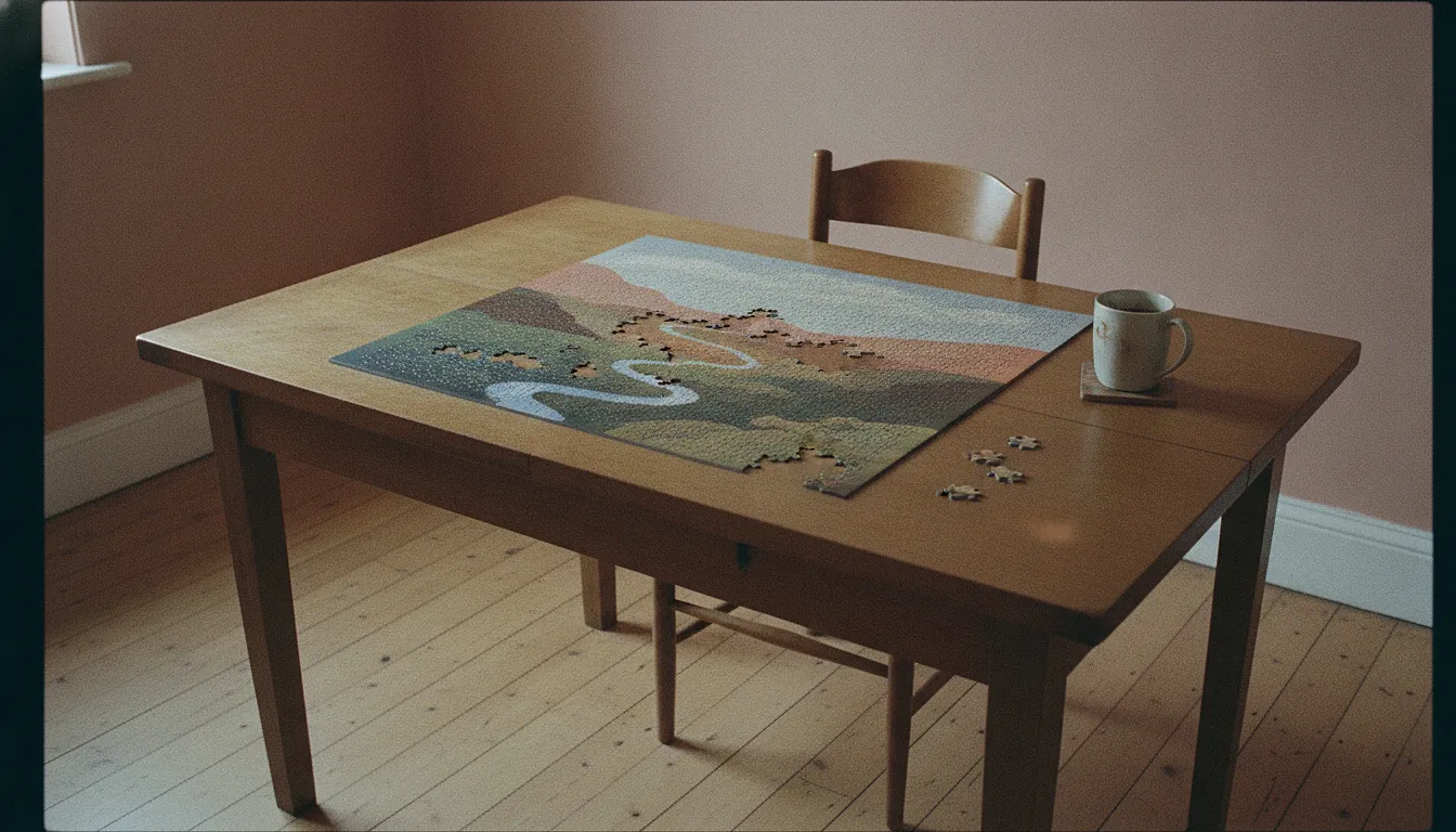 A kitchen table on a weekday mid-morning with a half-finished jigsaw and a cooling mug beside it.
