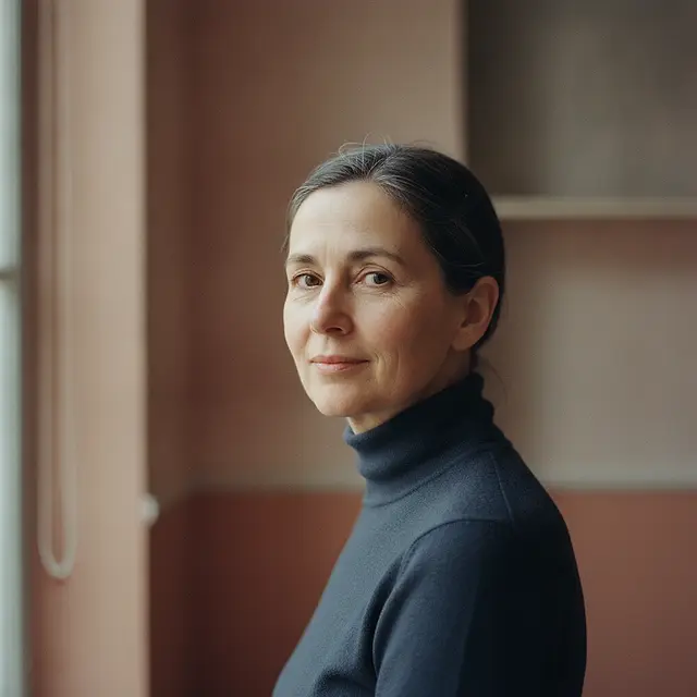 A woman in her early fifties in a plain dark slate roll-neck, turned three-quarters away from the camera with her eyes back to the lens in soft window light, a dusty rose-beige wall and the blurred edge of a shelf behind her.