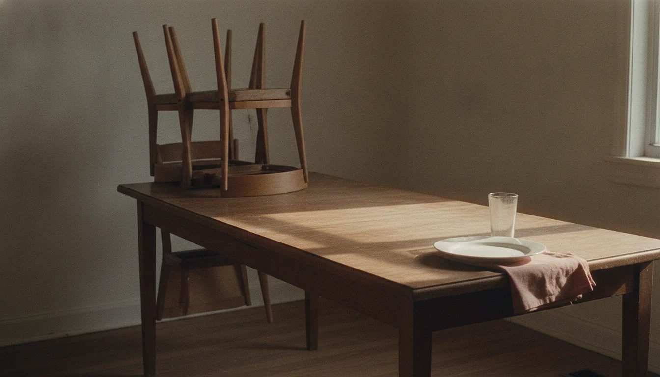 A dining table with a single place set at one end and the remaining chairs upended against the wall behind it.
