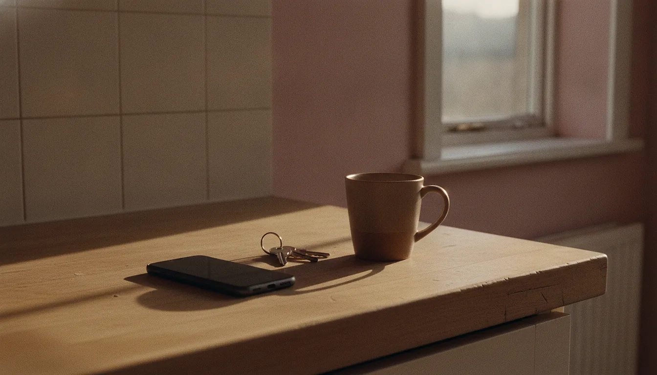 A phone lying face down on a kitchen worktop beside a set of house keys and a single mug, in low afternoon light from the window.