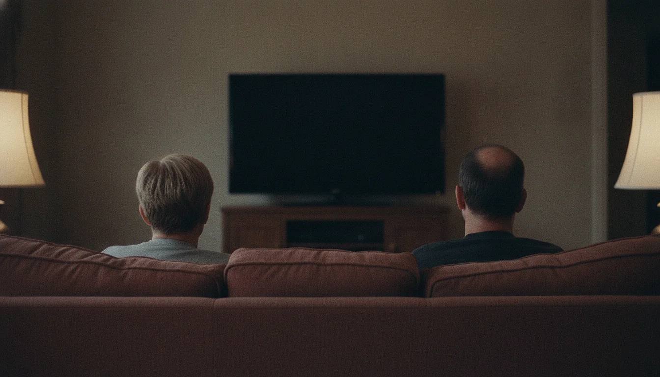 Two adults seen from behind on a sofa in a lamplit room, sitting a cushion apart in front of a television that is switched off.