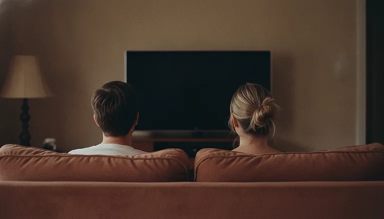 Two adults seen from behind on a sofa in a lamplit room, sitting a cushion apart in front of a television that is switched off.