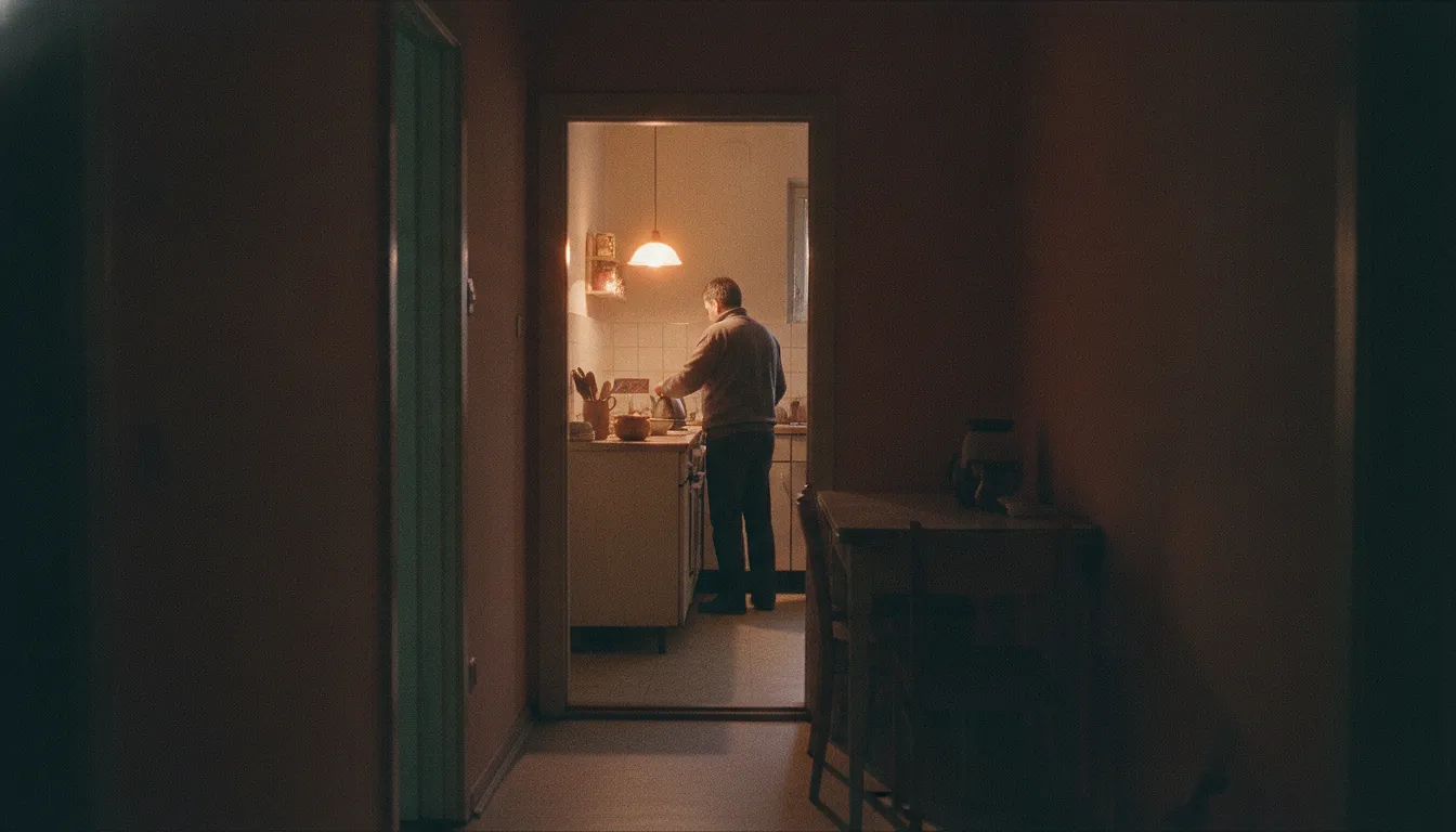 A kitchen doorway at night seen from the hall, one adult standing at the counter with their back to the camera.