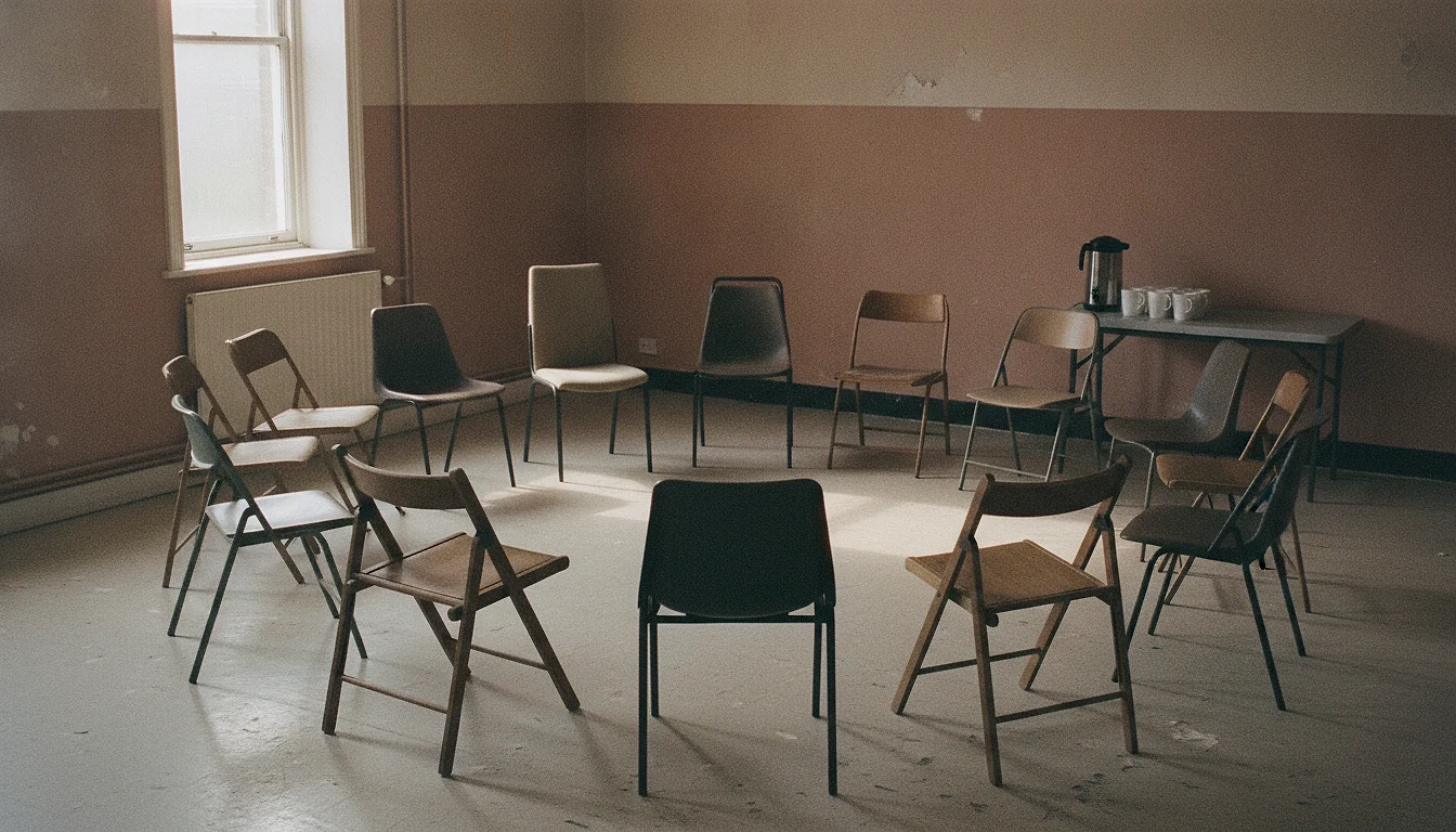A circle of mismatched chairs in a plain room with a tea urn and cups on a side table, no one seated.