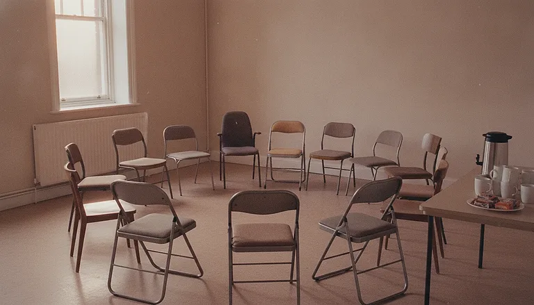A circle of mismatched chairs in a plain room with a tea urn and cups on a side table, no one seated.