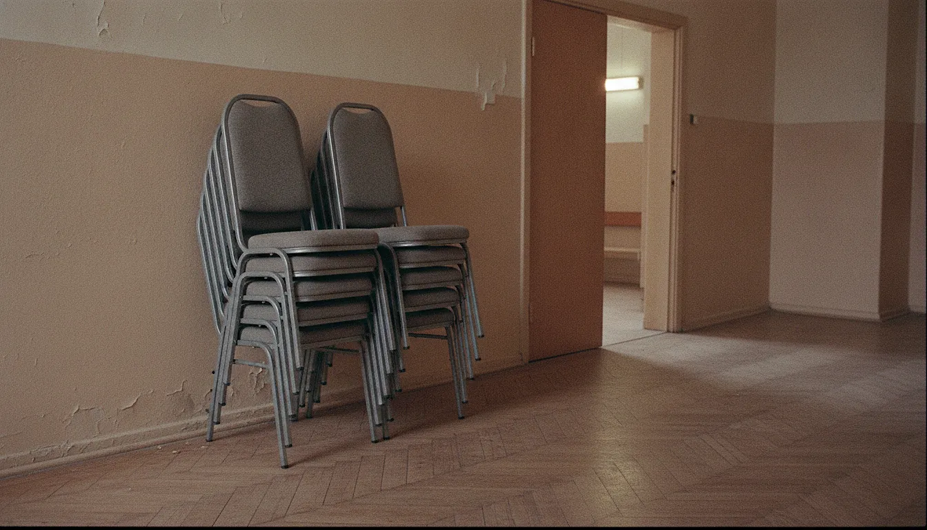 A community hall corridor with folding chairs stacked against the wall and a door standing ajar onto a lit room.